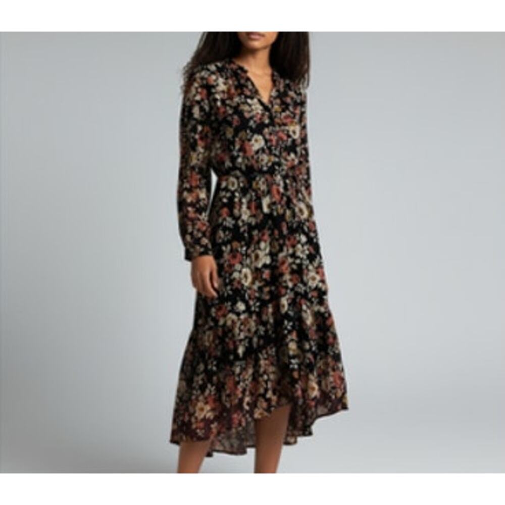 POL Floral Long Sleeve Tie-Back Ruffle Fall Dress Navy Small